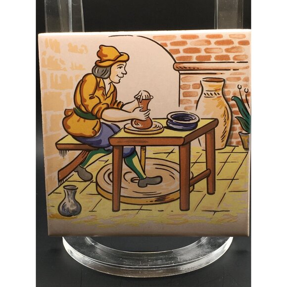 Vintage European Folk Art Tile Wall Plaque Hand Painted Home Decor 4.5''x4.5'' - Picture 5 of 11